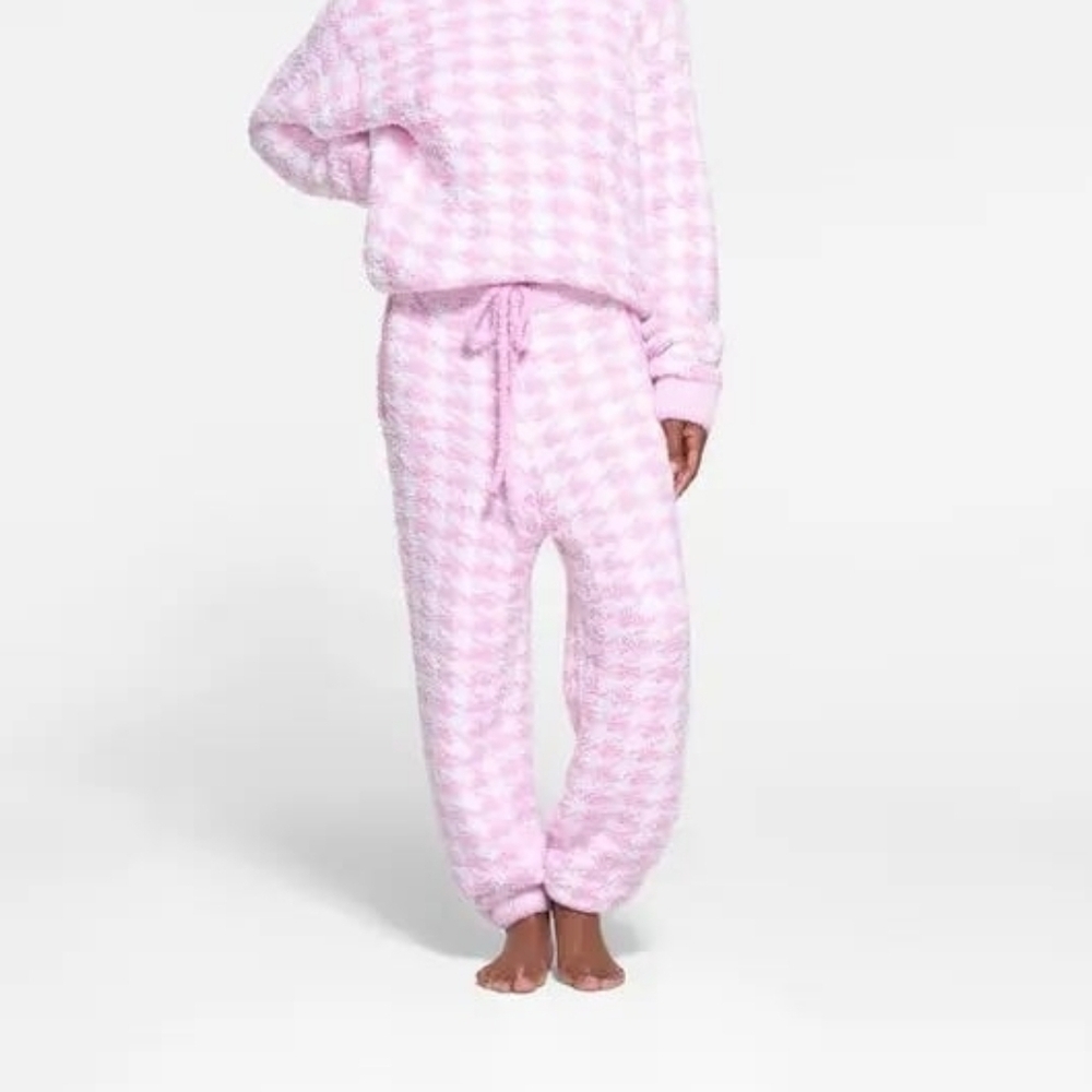 Skims Pink Boucle Knit Pull On Joggers Pants In Petal Houndstooth Size S/M - Picture 1 of 15